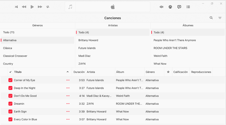 La ventana de Apple Music mostrando el explorador de columnas arriba de la lista de canciones.