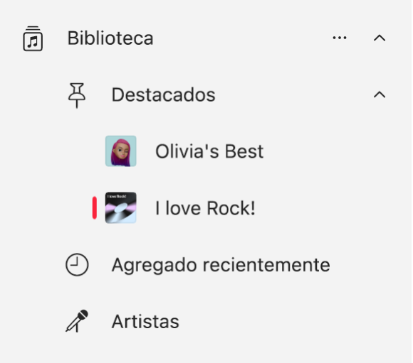 La barra lateral de Música muestra una lista de elementos de la biblioteca que se destacaron.