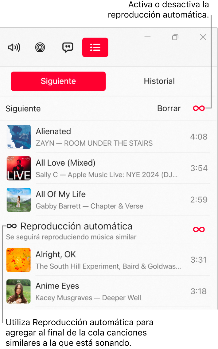 La fila Siguiente muestra una lista de las canciones siguientes, y el ícono Reproducción automática está a la derecha. Selecciona el ícono Reproducción automática para activarla o desactivarla. Cuando la reproducción automática está activada, se agregan canciones similares al final de la fila.