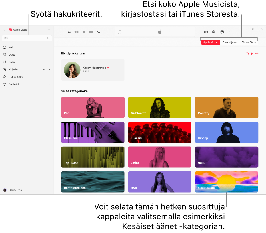 Apple Music -ikkuna, jossa näkyy hakukenttä vasemmassa yläkulmassa, kategorialuettelo keskellä sekä Apple Music-, Oma kirjasto- ja iTunes Store ‑painikkeet oikeassa yläkulmassa.