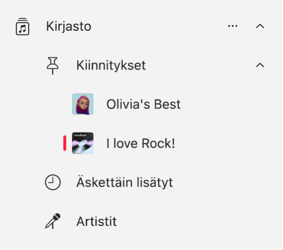 Musiikki-sivupalkissa näkyy kirjastossa kiinnitettyjen kohteiden luettelo.