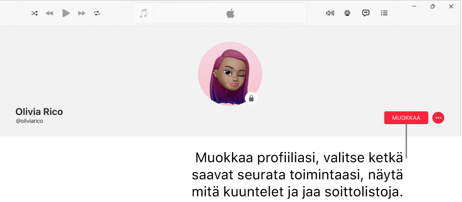 Profiilisivu Apple Musicissa: ikkunan oikealla puolella on Muokkaa-painike, jonka valitsemalla voit muokata profiilia, valita ketkä voivat seurata toimintaasi, näyttää mitä kuuntelet ja jakaa soittolistoja.