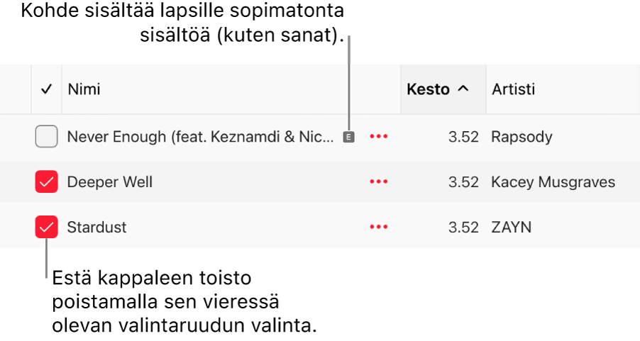 Yksityiskohta Apple Musicin kappaleluettelosta, jossa näkyvät valintaneliöt, ja ensimmäisen kappaleen kohdalla lapsille sopimattoman sisällön kuvake (joka kertoo, että siinä on lapsille sopimatonta sisältöä esimerkiksi sanoissa). Estä kappaleen toisto poistamalla valinta sen vieressä olevasta valintaneliöstä.