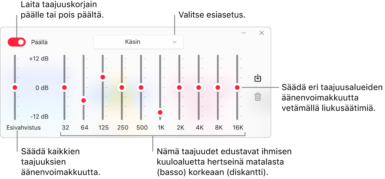 Taajuuskorjain-ikkuna: Painike, jolla Apple Musicin taajuuskorjain kytketään päälle, sijaitsee vasemmassa yläkulmassa. Taajuuskorjaimen esiasetukset ovat viereisessä ponnahdusvalikossa. Vasemmassa laidassa on Esivahvistus, jolla voit säätää taajuuksien kokonaisäänenvoimakkuutta. Taajuuskorjaimen esiasetusten alla voi säätää eri taajuusalueiden äänenvoimakkuutta; taajuusalueet edustavat ihmisen kuulon taajuuksia matalimmasta korkeimpaan.