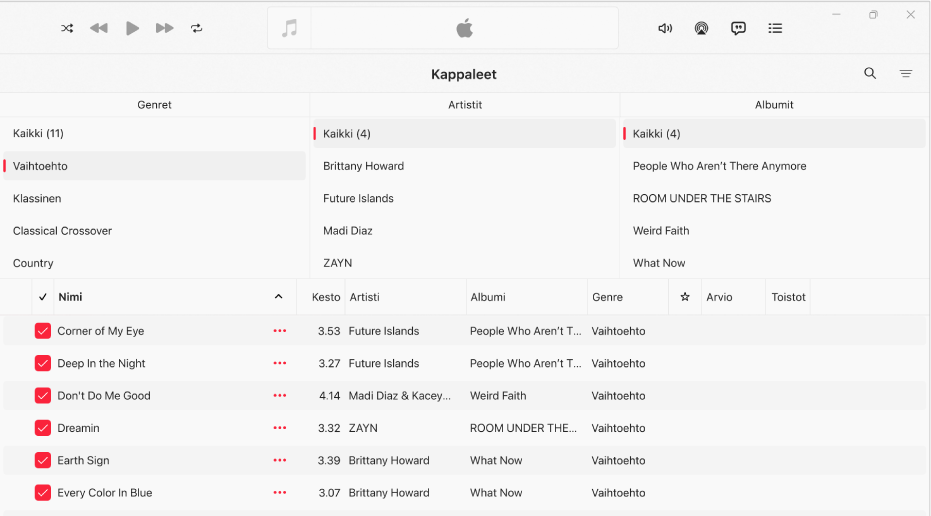 Musiikki-ikkuna, jossa näkyy sarakeselain kappalelistan yläpuolella.