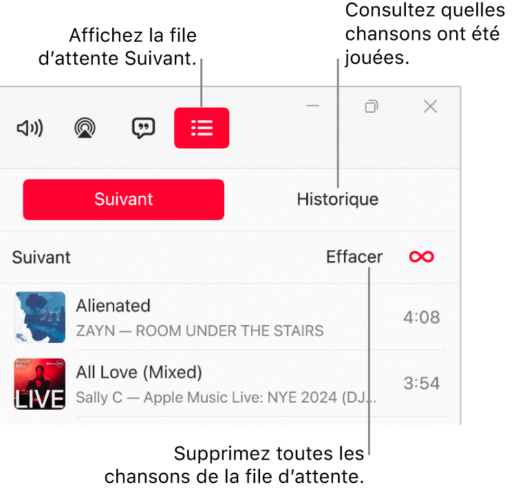 Le coin supérieur droit de la fenêtre Apple Music avec le bouton Suivant en haut de la liste d’écoute. Le bouton Historique est à droite du bouton Suivant. Sélectionnez le bouton Historique pour afficher la liste de chansons déjà écoutées. Le lien Effacer est sous le bouton Historique. Sélectionnez le lien Effacer pour en supprimer toutes les chansons.