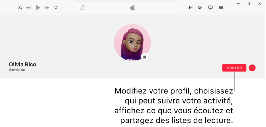 La page de profil dans Apple Music : sur le côté droit de la fenêtre, se trouve le bouton Modifier, que vous pouvez sélectionner pour modifier votre profil, choisir qui peut suivre votre activité, afficher ce que vous écoutez et partager des listes de lecture.