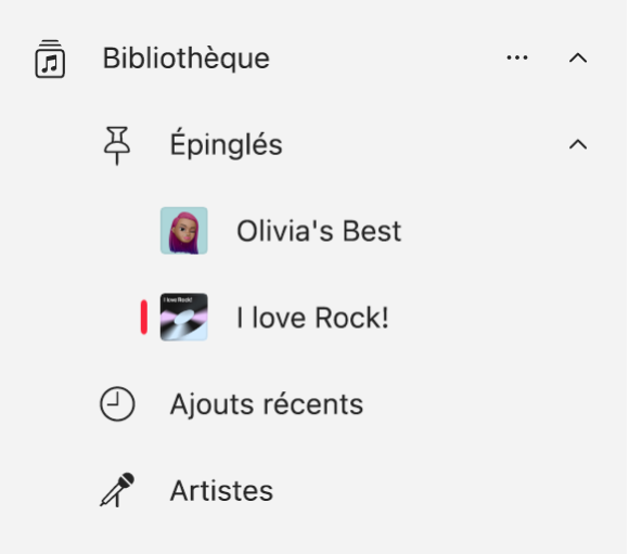 La barre latérale d’Apple Music qui affiche une liste d’éléments épinglés dans la bibliothèque