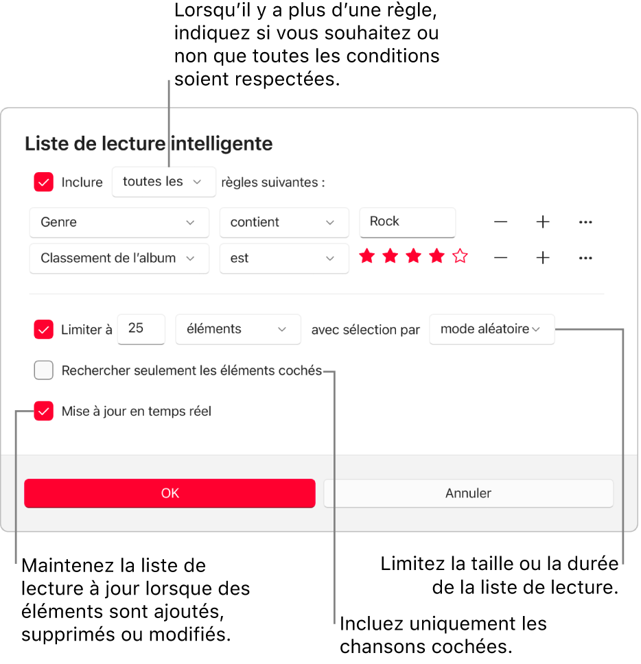 La boîte de dialogue Liste de lecture intelligente : Dans le coin supérieur gauche, sélectionnez Inclure, puis indiquez le critère de la liste de lecture (comme le genre ou le classement). Continuez à ajouter ou à supprimer des règles en sélectionnant les boutons Ajouter ou Supprimer à droite. Sélectionnez différentes options dans la partie inférieure de la boîte de dialogue, comme la limitation de la taille ou de la durée d’une liste de lecture, l’utilisation exclusive des éléments cochés ou la mise à jour de la liste de lecture par Apple Music lorsque votre bibliothèque est modifiée.