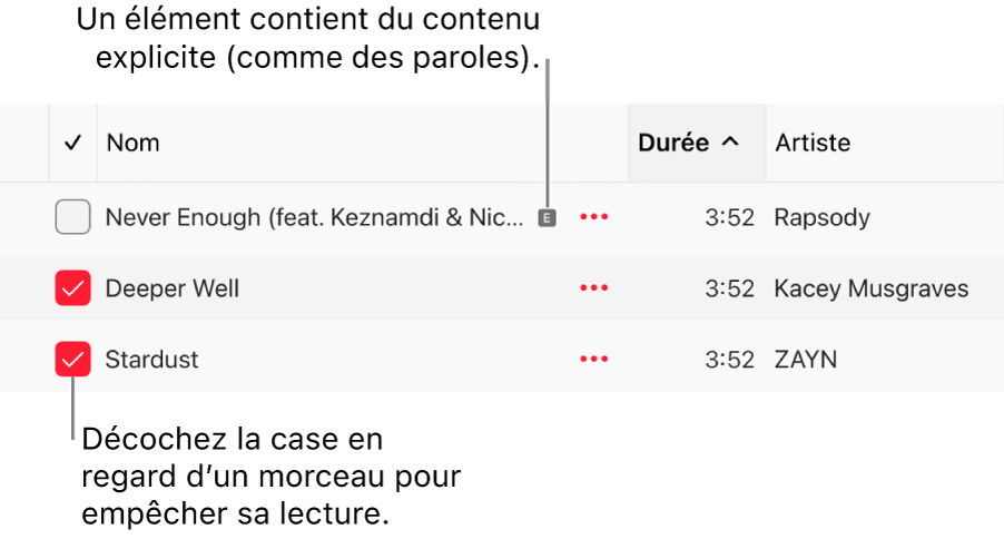 Détail de la liste des morceaux dans Apple Music, avec les cases et un symbole explicite pour le premier morceau indiquant qu’il contient du contenu explicite, comme ses paroles. Décochez la case en regard d’un morceau pour empêcher la lecture de ce dernier.