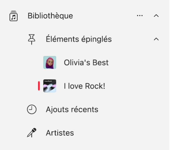 La barre latérale Musique affichant une liste d’éléments épinglés dans la bibliothèque.