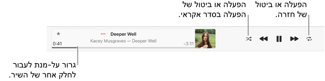 חלון ההפעלה שבו שיר מתנגן. הכפתור ״סדר אקראי״ מופיע בפינה הימנית העליונה; הכפתור ״חזרה״ מופיע מימין לעטיפת האלבום. ציר הזמן מופיע מתחת לשם השיר, בצד שמאל של החלון.