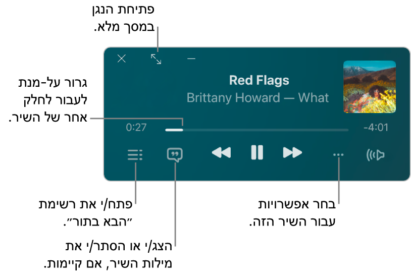 הנגן המוקטן שמציג את כלי הבקרה עבור השיר שמתנגן. החלק הראשי של החלון מציג את עטיפת האלבום של השיר. מתחת לעטיפת האלבום מופיעים מחוון למעבר לחלק אחר של השיר וכפתורים לכוונון עוצמת הקול, לבחור אפשרויות, להצגת המילים ולצפייה בשיר שינוגן לאחר מכן. בפינה השמאלית העליונה מופיע כפתור לפתיחת ״נגן במסך מלא״.