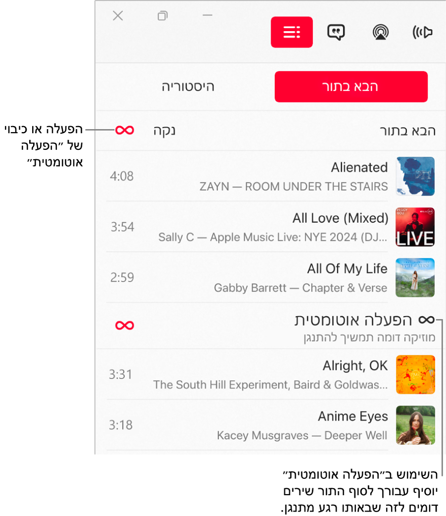 רשימת ההשמעה ״הבא בתור״ שניתן לראות בה את השירים הבאים בתור ואת האייקון של ״הפעלה אוטומטית״ משמאל. לחיצה על האייקון של ״הפעלה אוטומטית״ תפעיל או תכבה את ״הפעלה אוטומטית״. כאשר האפשרות ״הפעלה אוטומטית״ פעילה, שירים דומים מתווספים לסוף התור.