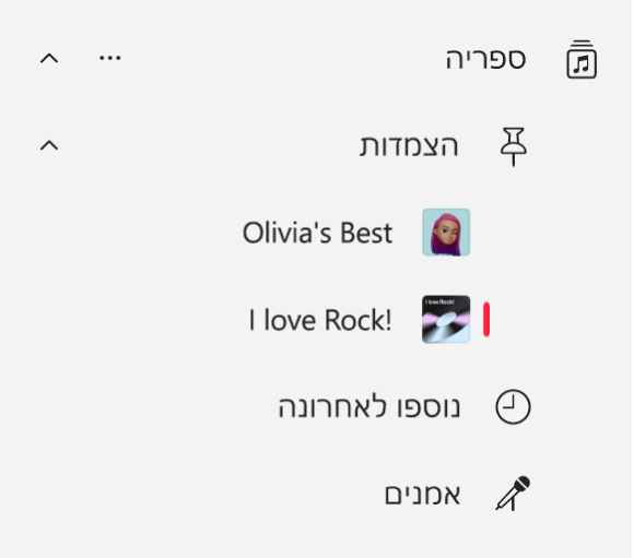 סרגל הצד של ״מוזיקה״ מציג רשימה של פריטים מוצמדים בספריה.