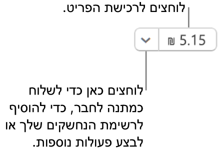 כפתור המציג את המחיר. יש לבחור במחיר כדי לקנות את הפריט. יש לבחור בחץ ליד המחיר כדי להעניק את הפריט במתנה לחבר או חברה, להוסיף את הפריט לרשימת הנחשקים ועוד.
