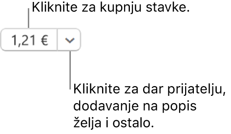 Tipka koja prikazuje cijenu. Odaberite cijenu da kupite stavku. Odaberite strelicu pokraj cijene kako biste stavku poklonili prijatelju, dodajte stavku u popis želja i ostalo.