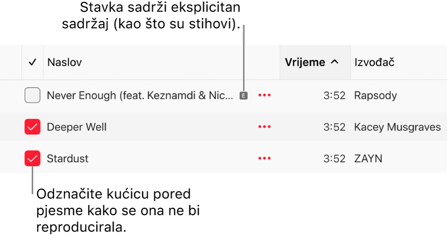 Detalj popisa pjesama u aplikaciji Apple Music, s prikazanim potvrdnim kućicama s lijeve strane i eksplicitnim simbolom za prvu pjesmu (koja ukazuje da ima eksplicitan sadržaj poput stihova). Odznačite kućicu pored pjesme za sprečavanje reprodukcije.