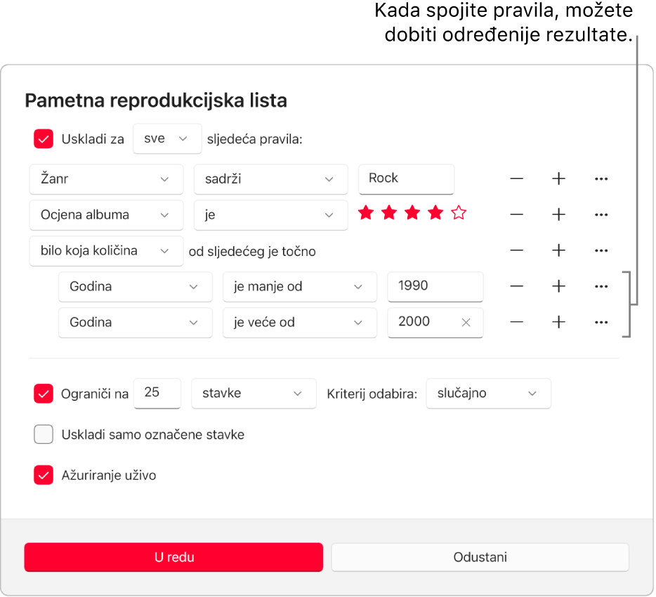 Dijaloški okvir Smart reprodukcijske liste: Tipkom Grupira s desne strane izrađujte dodatna, grupirana pravila za preciznije rezultate.