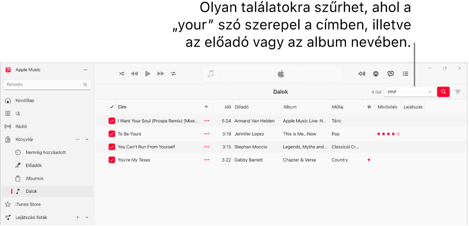 Az Apple Music ablaka, amelyben azok a dalok láthatók, amelyek akkor jelennek meg, amikor a „love” szót beírják a keresőmezőbe a jobb felső sarokban. A listában található dalok címében, előadója nevében vagy albuma címében megtalálható a „love” szó.