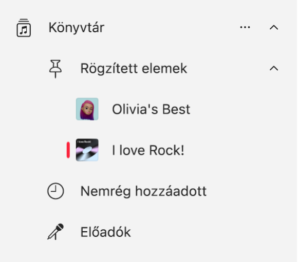 A Zene oldalsávja a könyvtárban rögzített elemek listájával.