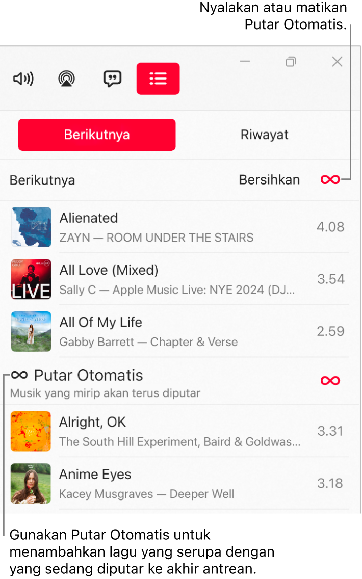 Antrean Berikutnya, yang menampilkan daftar lagu mendatang dan ikon Putar Otomatis di sebelah kanan. Pilih ikon Putar Otomatis untuk menyalakan atau mematikannya. Saat Putar Otomatis menyala, lagu serupa ditambahkan ke akhir antrean.