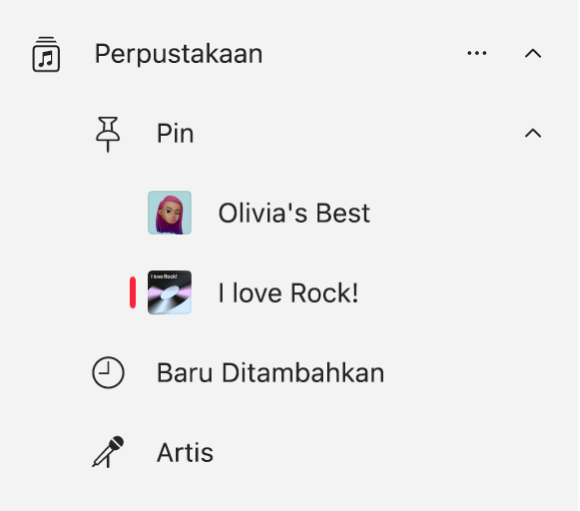 Bar samping Musik yang menampilkan daftar item yang telah dipin di perpustakaan.