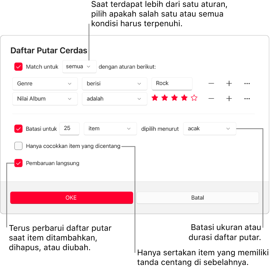 Dialog Daftar Putar Cerdas: Di pojok kiri atas, pilih Cocokkan, lalu tentukan kriteria daftar putar (seperti genre atau nilai). Lanjutkan untuk menambah atau menghapus aturan dengan memilih tombol Tambah atau Hapus di sebelah kanan. Pilih beragam opsi di bagian bawah dialog seperti membatasi ukuran atau durasi daftar putar, termasuk hanya lagu yang dicentang atau membuat Apple Music memperbarui daftar putar menjadi item di perubahan perpustakaan Anda.