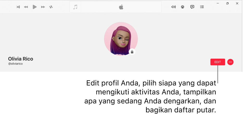 Halaman profil di Apple Music: di sisi kanan jendela, terdapat tombol Edit, yang dapat Anda pilih untuk mengedit profil Anda, memilih siapa yang dapat mengikuti aktivitas Anda, menampilkan apa yang Anda dengarkan, dan berbagi daftar putar.