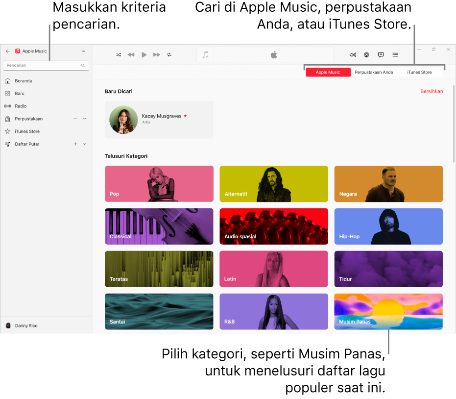 Jendela Apple Music menampilkan bidang pencarian di pojok kiri atas, daftar kategori di tengah jendela, dan tombol Apple Music, Perpustakaan Anda, serta iTunes Store di pojok kanan atas.