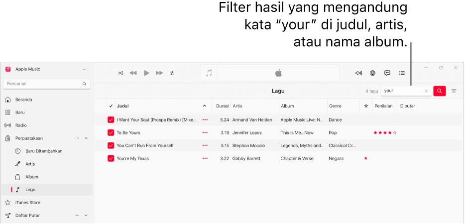 Jendela Apple Music menampilkan daftar lagu yang muncul saat “love” dimasukkan di bidang yang difilter di pojok kanan atas. Lagu dalam daftar mencakup kata "love" dalam judul, artis, atau nama albumnya.