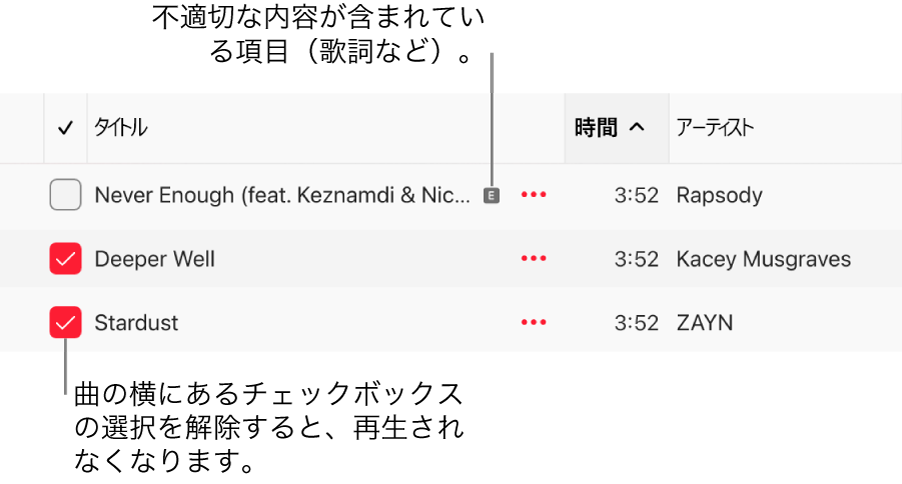 Apple Musicの曲リストの詳細。チェックボックスと、最初の曲が不適切であることを示す記号（歌詞などに不適切な内容が含まれていることを示します）が表示されています。曲の横にあるチェックボックスの選択を解除すると、再生が禁止されます。
