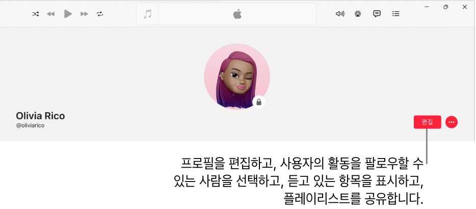 Apple Music의 프로필 페이지: 창 오른쪽의 편집 버튼을 사용하여 프로필을 편집하고, 사용자의 활동을 팔로우하고, 현재 듣고 있는 노래를 보여주고, 플레이리스트를 공유할 사람을 선택할 수 있습니다.