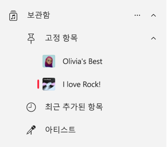 보관함에 고정된 항목 목록을 표시하는 음악 앱 사이드바.