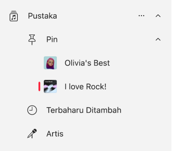 Bar sisi Muzik menunjukkan senarai item yang telah dipinkan dalam pustaka.