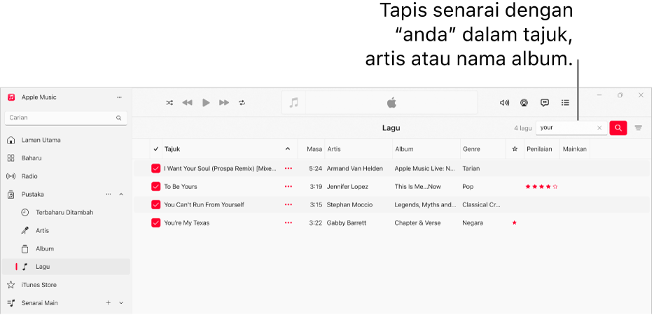 Tetingkap Apple Music menunjukkan senarai lagu yang kelihatan apabila “cinta” dimasukkan dalam medan penapis di penjuru kanan atas. Lagu dalam senarai termasuk perkataan "cinta" dalam tajuk, artis atau nama albumnya.