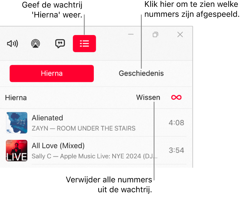 De rechterbovenhoek van het Apple Music-venster, met de knop 'Hierna' boven in de wachtrij 'Hierna'. De knop 'Geschiedenis' staat rechts van de knop 'Hierna'. Selecteer de knop 'Geschiedenis' om eerder afgespeelde nummers weer te geven. De link 'Wissen' staat onder de knop 'Geschiedenis'. Met de link 'Wissen' worden alle nummers uit de wachtrij verwijderd.