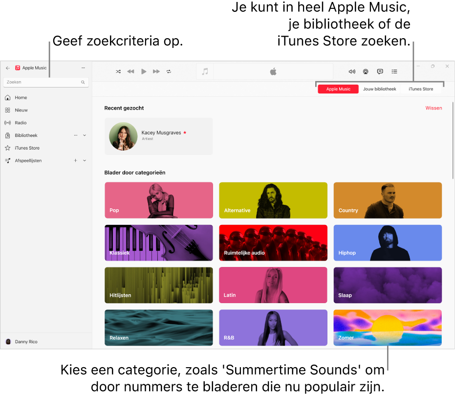 Het Apple Music-venster met het zoekveld linksbovenin, de lijst met categorieën in het midden van het venster en de knoppen 'Apple Music', 'Bibliotheek' en 'iTunes Store' rechtsbovenin.