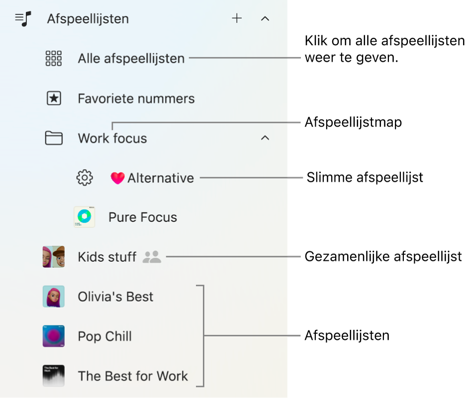 In de navigatiekolom van Apple Music zie je de diverse typen afspeellijsten. Selecteer 'Alle afspeellijsten' om ze allemaal te bekijken. Je kunt ook een afspeellijstenmap aanmaken.