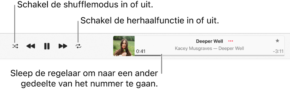 Het afspeelvenster, waarin een nummer wordt afgespeeld. De shuffleknop staat linksbovenin; de herhaalknop zie je links van de albumillustratie. De navigatiebalk staat onder de titel van het nummer, rechts in het venster.