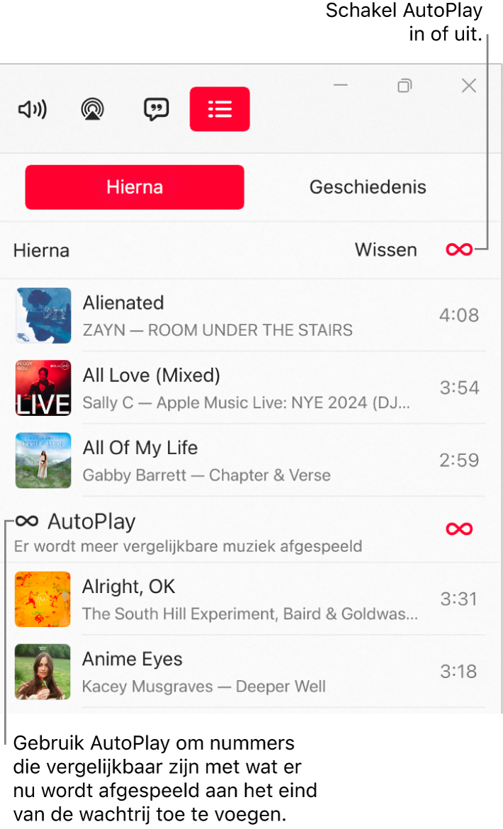 De wachtrij 'Hierna' met een lijst met volgende nummers en aan de rechterkant het AutoPlay-pictogram. Selecteer het AutoPlay-pictogram om deze functie in of uit te schakelen. Wanneer AutoPlay is ingeschakeld, worden aan het einde van de wachtrij vergelijkbare nummers toegevoegd.