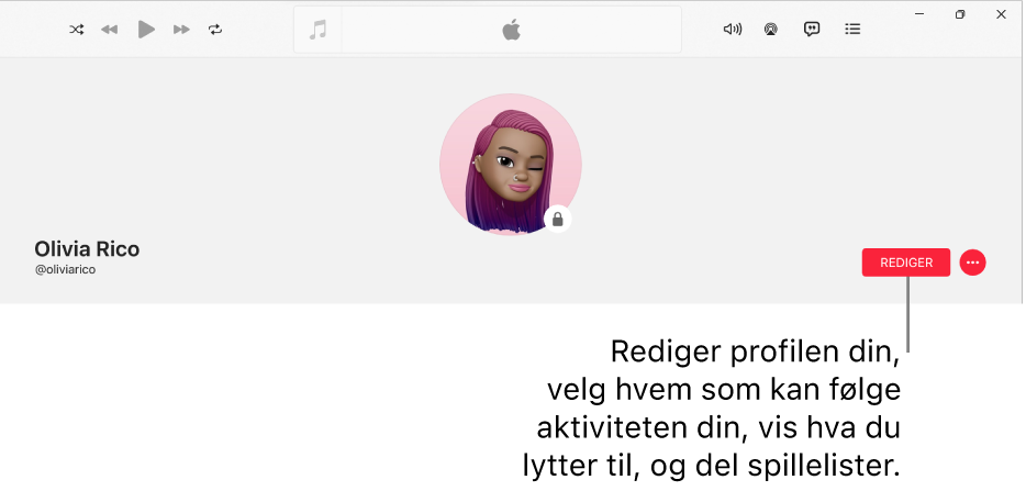 Profilsiden i Apple Music: Til høyre i vinduet er Rediger-knappen som du kan velge for å redigere profilen din, velge hvem som kan følge aktivitetene dine, vise hva du lytter til og dele spillelister.