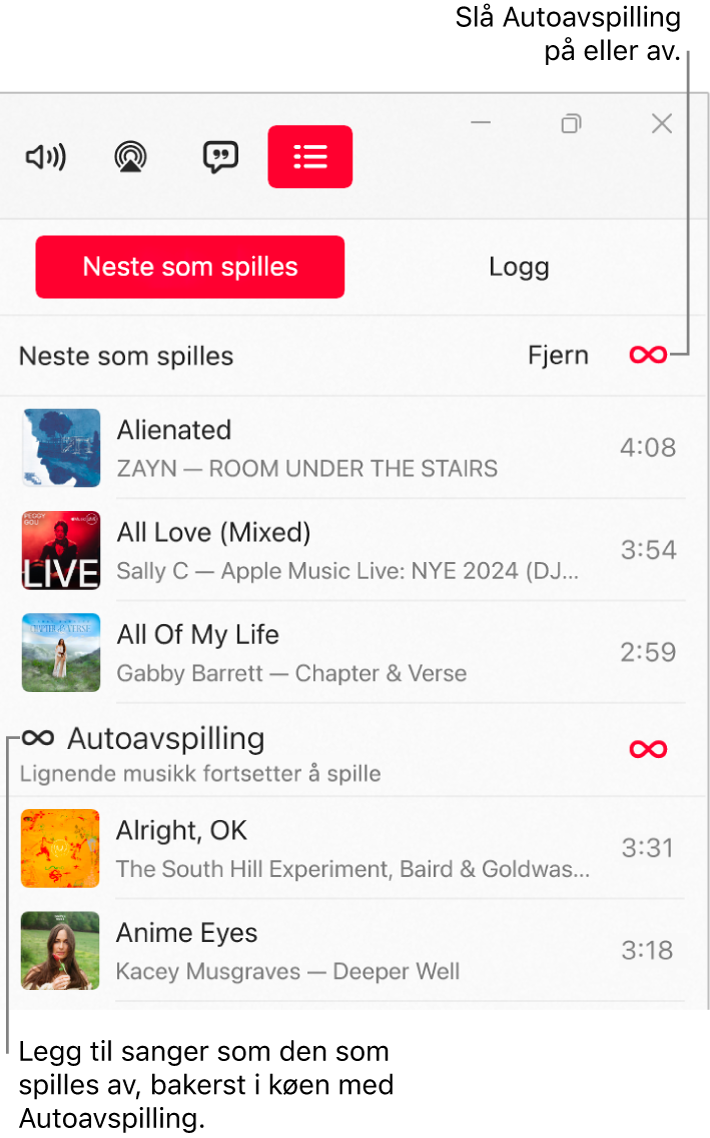 Neste som spilles-køen viser en liste med sanger som skal spilles av, med Autoavspilling-ikonet til høyre. Velg Autoavspilling-ikonet for å slå funksjonen av eller på. Når Autoavspilling er på, legges lignende sanger til i køen.