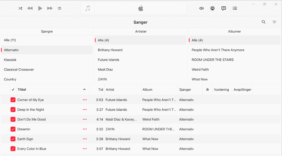 Musikk-vinduet som viser kolonnenavigeringen over sanglisten.