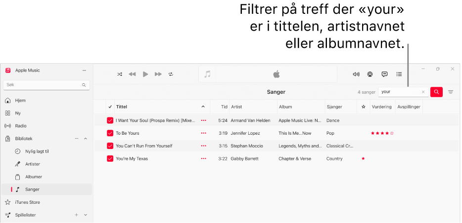 Apple Music-vinduet, med sanglisten som vises når det skrives inn «love» i filterfeltet øverst til høyre. Sangene i listen har ordet «love» i sangtittelen, artistnavnet eller albumtittelen.