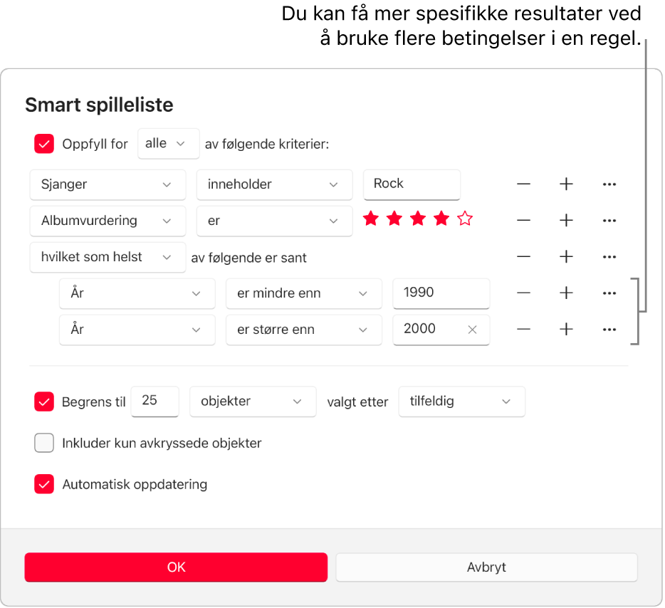 Smart spilleliste-dialogruten: Bruk Nesting-knappen til høyre for å legge til flere nestede regler – slik at du får mer nøyaktige resultater.