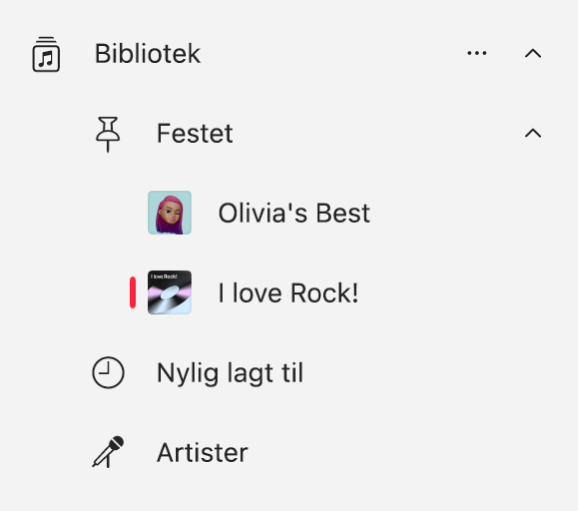 Musikk-sidepanelet viser en liste over objekter som er festet i biblioteket.