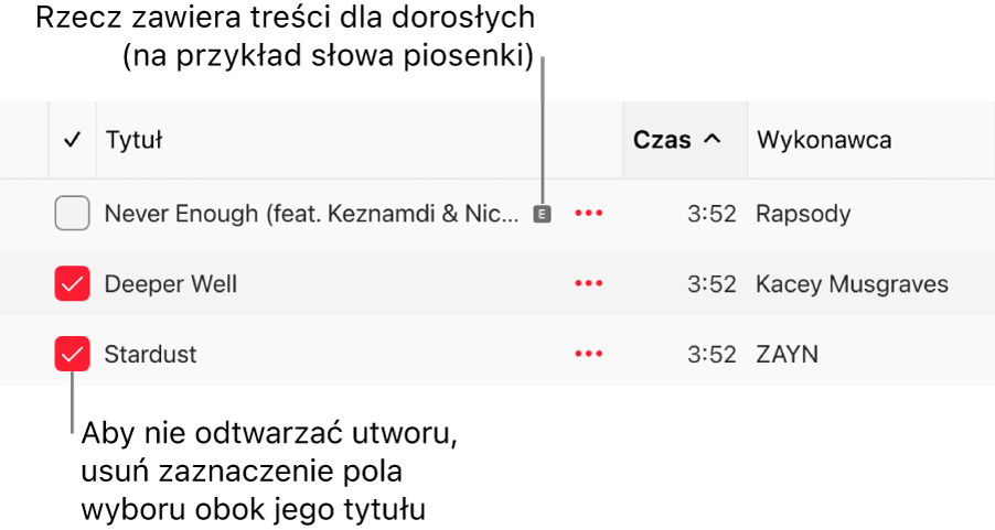 Fragment listy utworów w aplikacji Apple Music z widocznymi polami wyboru. Pierwszy utwór oznaczony jest jako przeznaczony tylko dla osób dorosłych (ponieważ na przykład jego słowa zawierają wulgaryzmy). Jeśli utwór nie ma być odtwarzany, należy usunąć zaznaczenie jego pola wyboru.