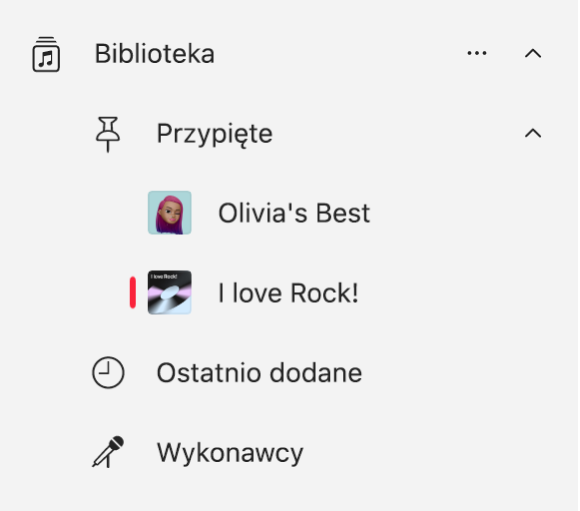 Pasek boczny aplikacji Muzyka wyświetlający listę przypiętych rzeczy w bibliotece.