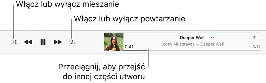 Okno odtwarzania oraz odtwarzany utwór. Przycisk mieszania znajduje się w lewym górnym rogu; przycisk powtarzania znajduje po lewej stronie grafiki albumu. Pasek odtwarzania znajduje się pod nazwą utworu, po prawej stronie okna.